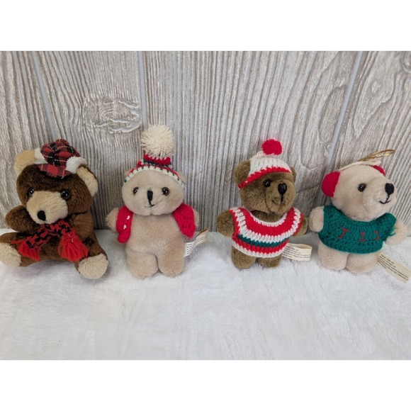 The Unbranded Brand Other - Vintage Mini Plush Teddy Bear Tree Ornament Lot Crochet Sweater Hat Scarf Craft